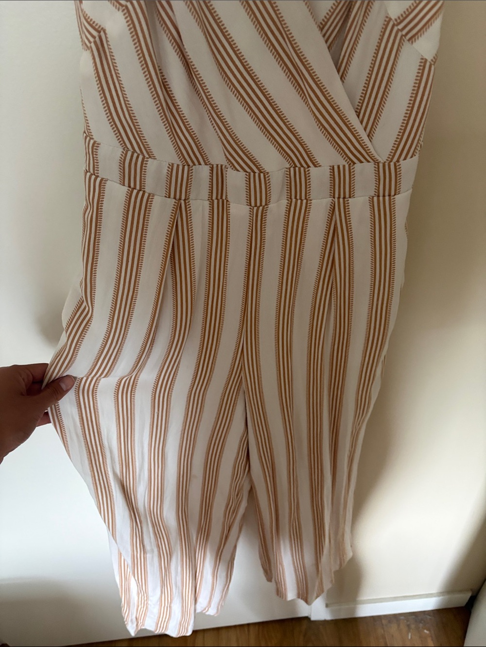 Dex Striped Spaghetti Strap Jumpsuit in White and Tan - Picture 5 of 7